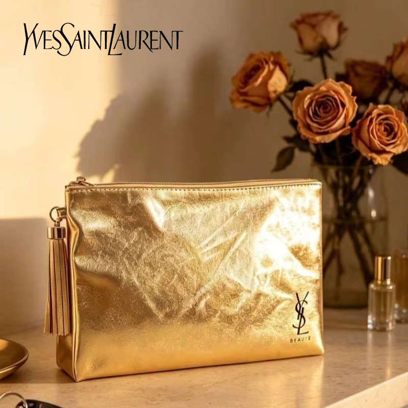 Women Accessories Pouch - YSL Golden Cosmetic Bag, Portable Waterproof